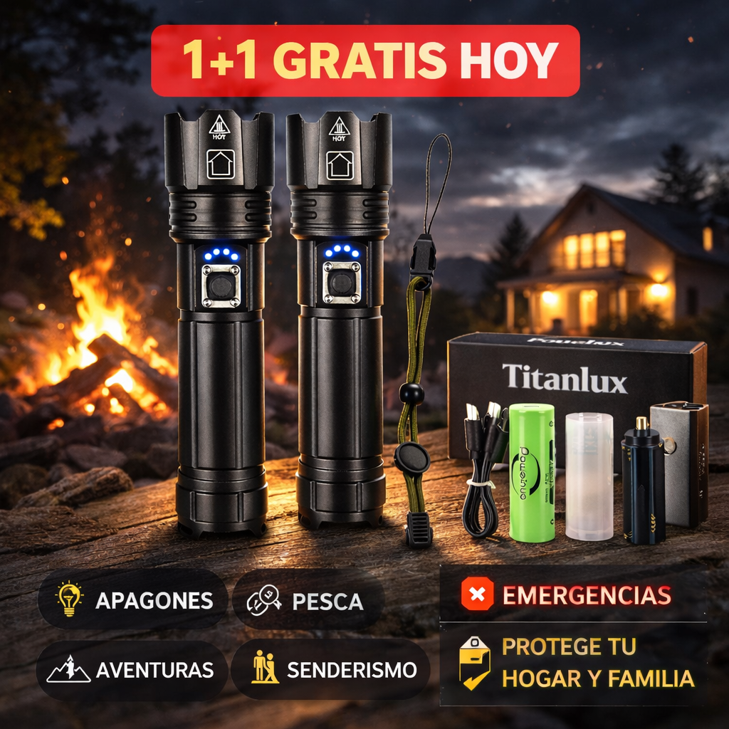 1+1 GRATIS HOY l TitanLux™ Kit Linterna Táctica Profesional - Ideal para Apagones, Emergencias y Protección del Hogar, Pesca, Senderismo y más