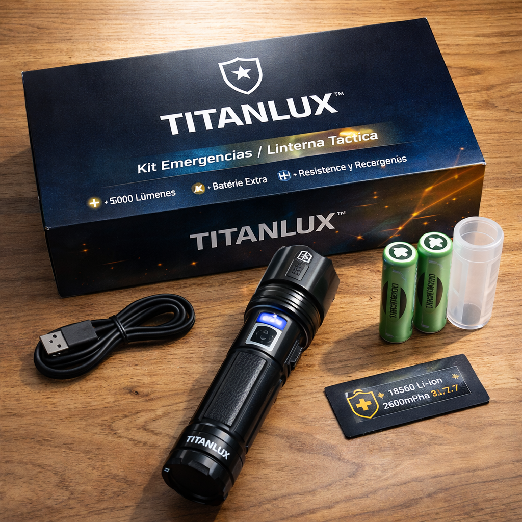 1+1 GRATIS HOY l TitanLux™ Kit Linterna Táctica Profesional - Ideal para Apagones, Emergencias y Protección del Hogar, Pesca, Senderismo y más