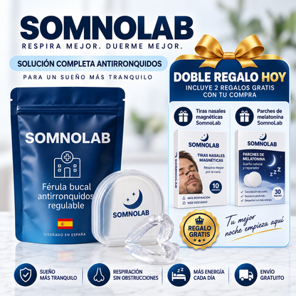 Pack Sueño Completo SomnoLab™ – Di adiós a los ronquidos desde la primera noche con nuestra férula + DOBLE REGALO HOY (Pack Tiras Nasales + Parches Melatonina)