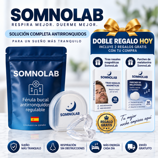 Pack Sueño Completo SomnoLab™ – Di adiós a los ronquidos desde la primera noche con nuestra férula + DOBLE REGALO HOY (Pack Tiras Nasales + Parches Melatonina)