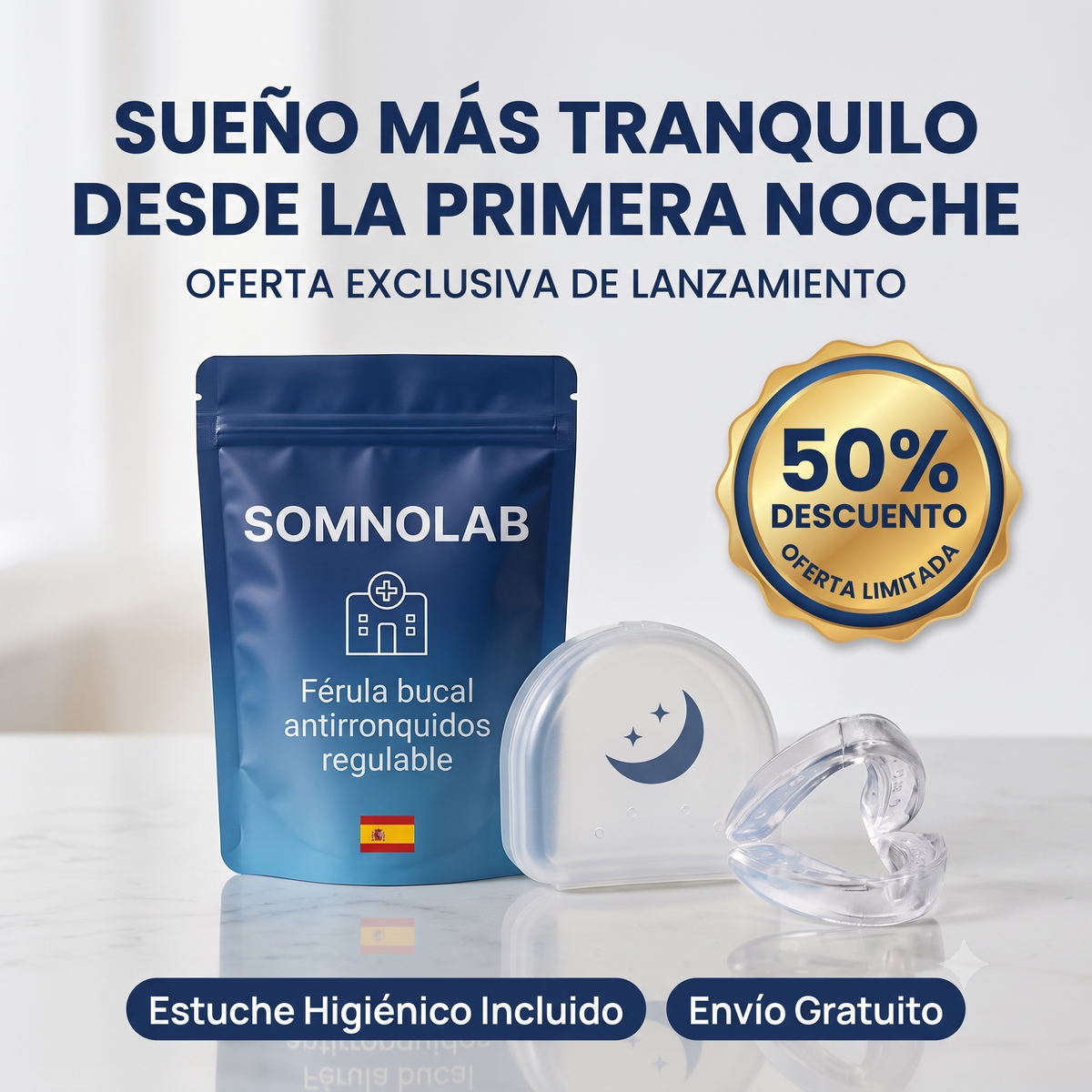 Pack Sueño Completo SomnoLab™ – Di adiós a los ronquidos desde la primera noche con nuestra férula + DOBLE REGALO HOY (Pack Tiras Nasales + Parches Melatonina)