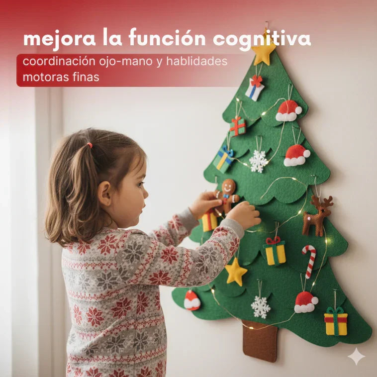 MiPrimerÁrbol™ - Arbol de Navidad de Fieltro con 25 Adornos Adhesivos + Luces Led